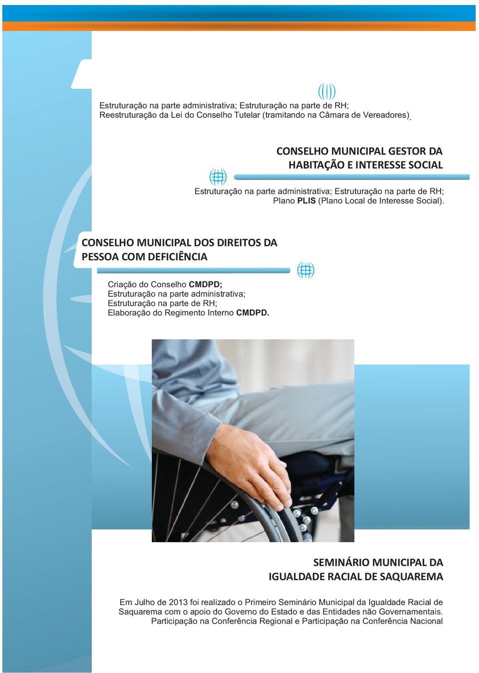 CONSELHO MUNICIPAL DOS DIREITOS DA PESSOA COM DEFICIÊNCIA Criação do Conselho CMDPD; Estruturação na parte administrativa; Estruturação na parte de RH; Elaboração do Regimento Interno CMDPD.