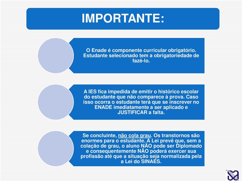 Caso isso ocorra o estudante terá que se inscrever no ENADE imediatamente a ser aplicado e JUSTIFICAR a falta. Se concluinte, não cola grau.