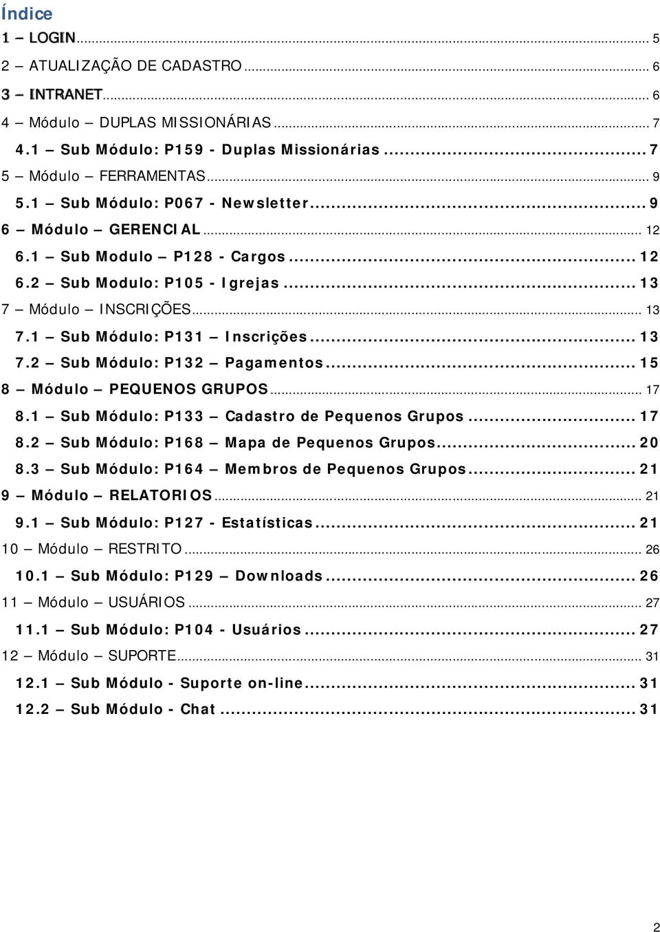 .. 15 8 Módulo PEQUENOS GRUPOS... 17 8.1 Sub Módulo: P133 Cadastro de Pequenos Grupos... 17 8.2 Sub Módulo: P168 Mapa de Pequenos Grupos... 20 8.3 Sub Módulo: P164 Membros de Pequenos Grupos.