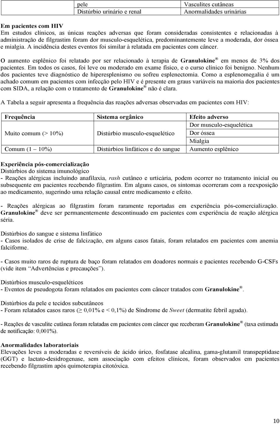 O aumento esplênico foi relatado por ser relacionado à terapia de Granulokine em menos de 3% dos pacientes. Em todos os casos, foi leve ou moderado em exame físico, e o curso clínico foi benigno.