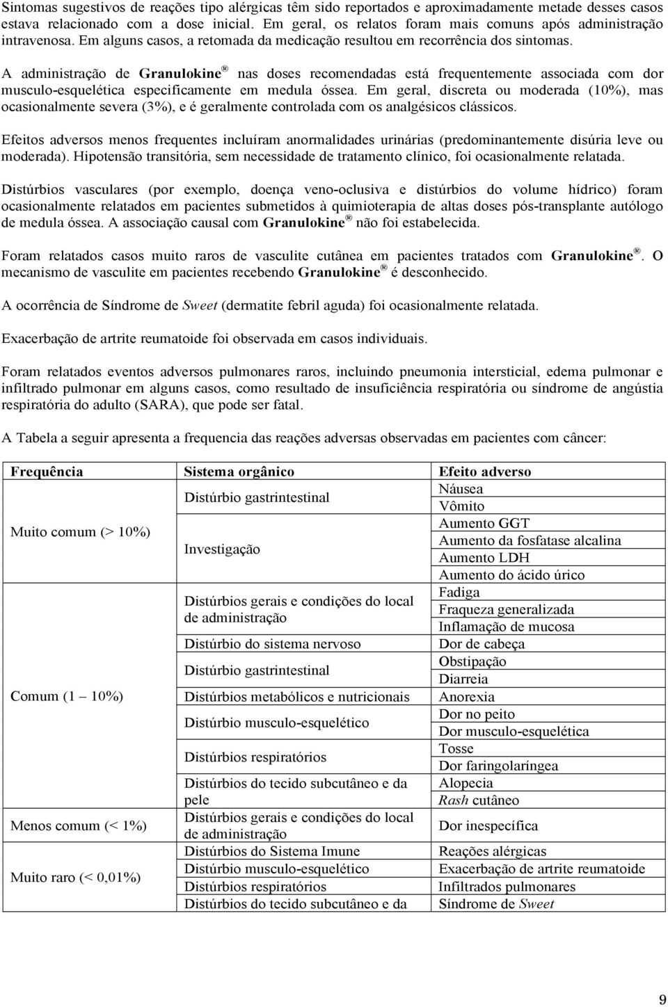 A administração de Granulokine nas doses recomendadas está frequentemente associada com dor musculo-esquelética especificamente em medula óssea.