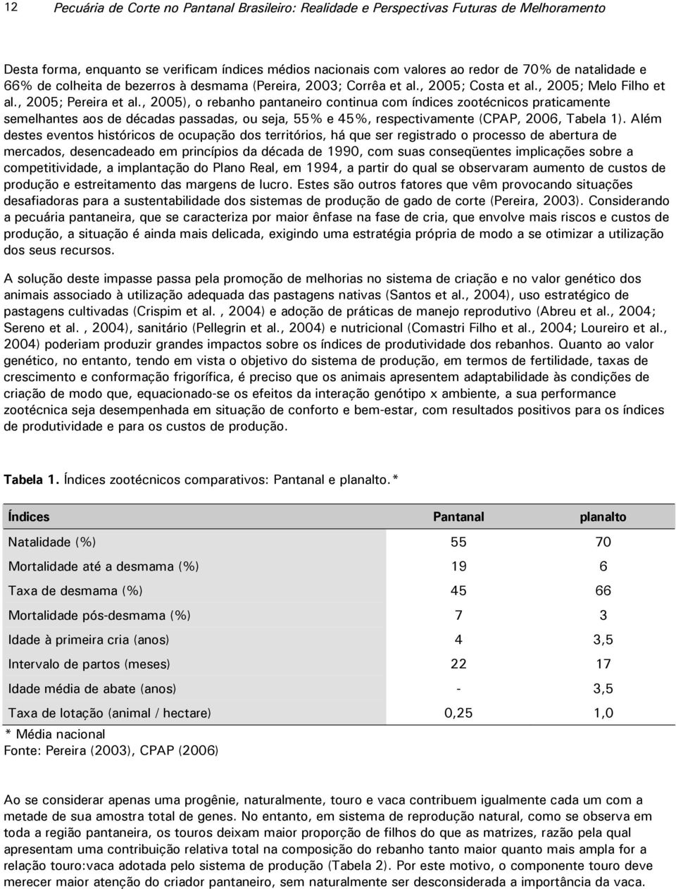 , 2005), o rebanho pantaneiro continua com índices zootécnicos praticamente semelhantes aos de décadas passadas, ou seja, 55% e 45%, respectivamente (CPAP, 2006, Tabela 1).