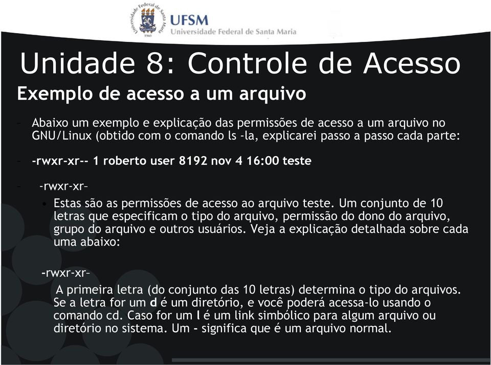 Um conjunto de 10 letras que especificam o tipo do arquivo, permissão do dono do arquivo, grupo do arquivo e outros usuários.