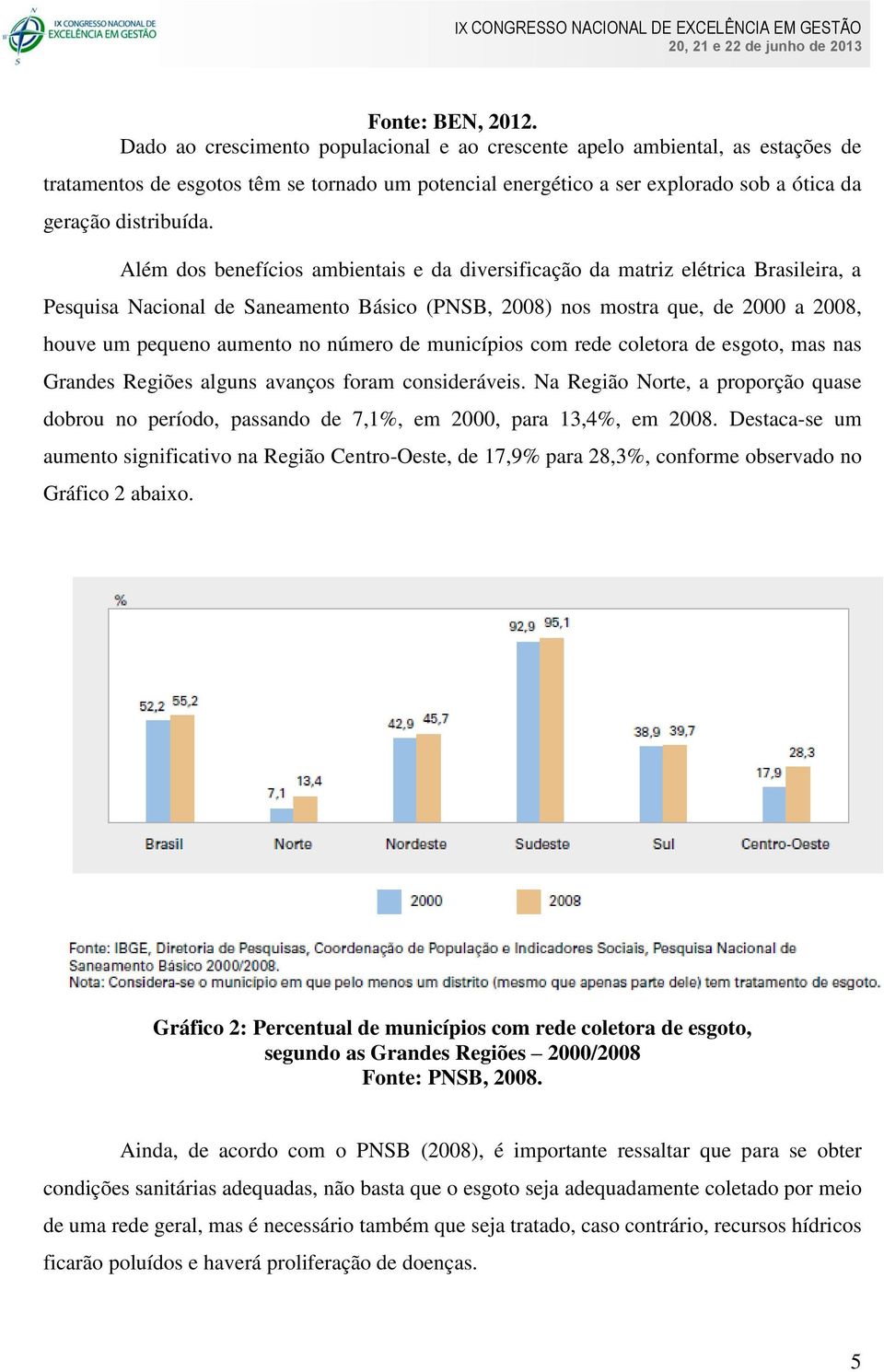 Além dos benefícios ambientais e da diversificação da matriz elétrica Brasileira, a Pesquisa Nacional de Saneamento Básico (PNSB, 2008) nos mostra que, de 2000 a 2008, houve um pequeno aumento no