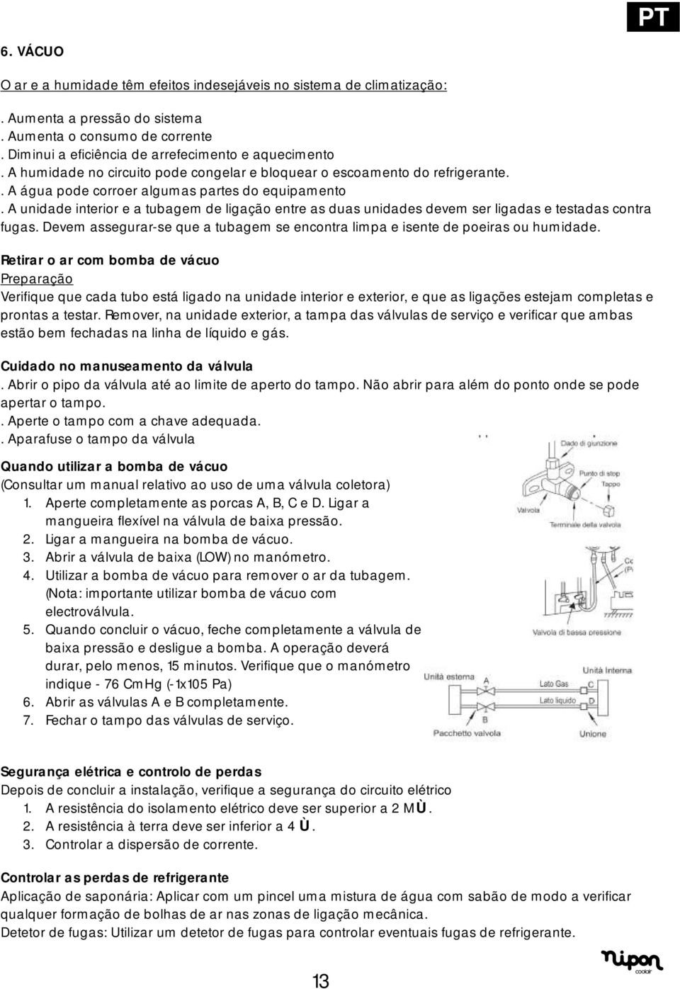 A unidade interior e a tubagem de ligação entre as duas unidades devem ser ligadas e testadas contra fugas. Devem assegurar-se que a tubagem se encontra limpa e isente de poeiras ou humidade.