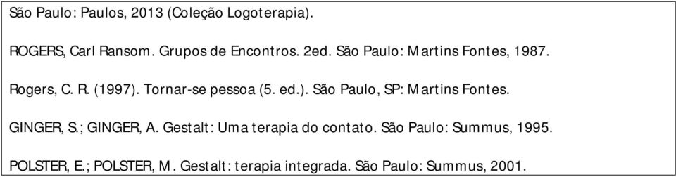 GINGER, S.; GINGER, A. Gestalt: Uma terapia do contato. São Paulo: Summus, 1995. POLSTER, E.