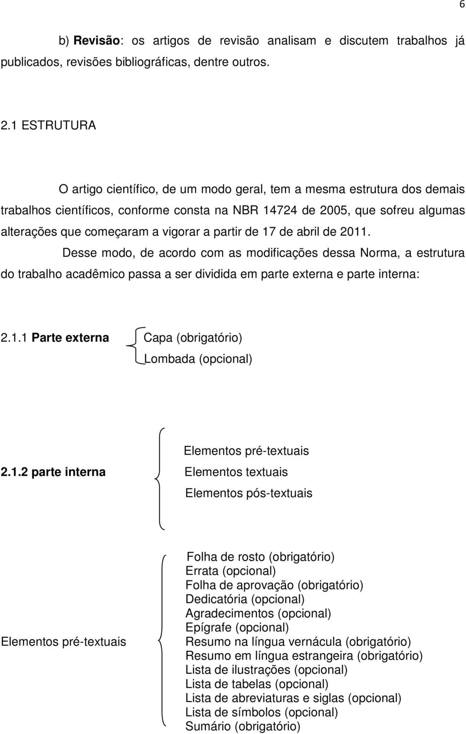 a partir de 17 de abril de 2011. Desse modo, de acordo com as modificações dessa Norma, a estrutura do trabalho acadêmico passa a ser dividida em parte externa e parte interna: 2.1.1 Parte externa Capa (obrigatório) Lombada (opcional) Elementos pré-textuais 2.