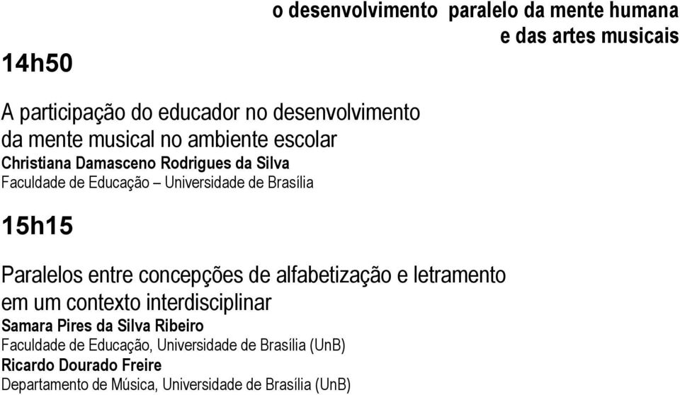 15h15 Paralelos entre concepções de alfabetização e letramento em um contexto interdisciplinar Samara Pires da Silva