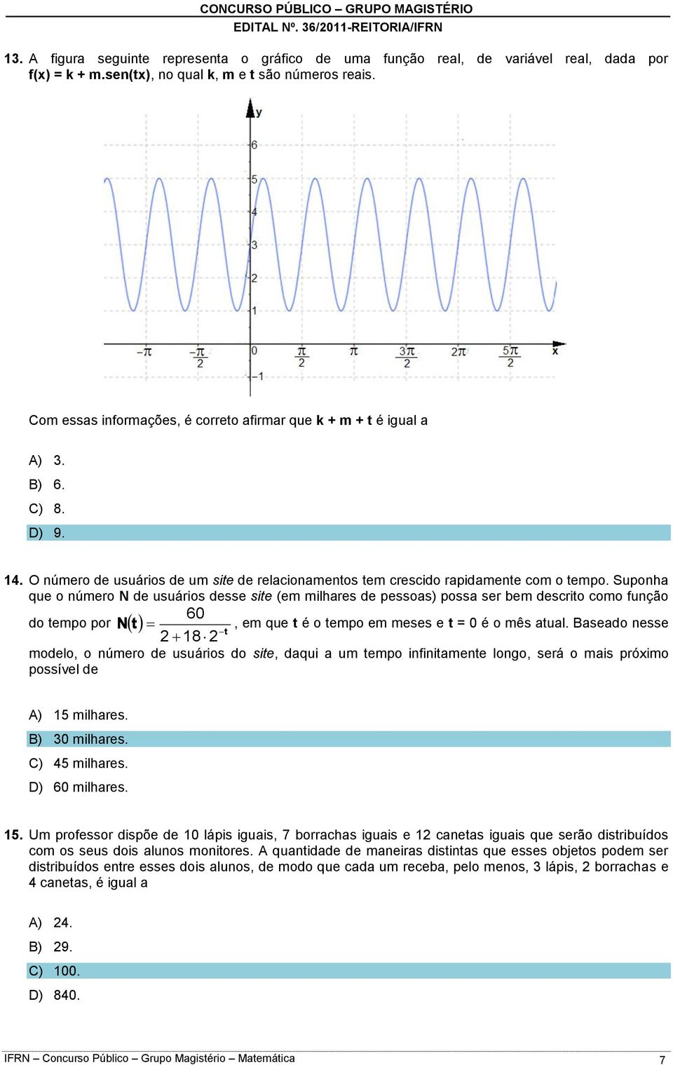 Suponha que o número N de usuários desse site (em milhares de pessoas) possa ser bem descrito como função 60 do tempo por N t, em que t é o tempo em meses e t = 0 é o mês atual.