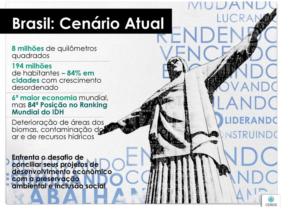 Deterioração de áreas dos biomas, contaminação do ar e de recursos hídricos Enfrenta o desafio de