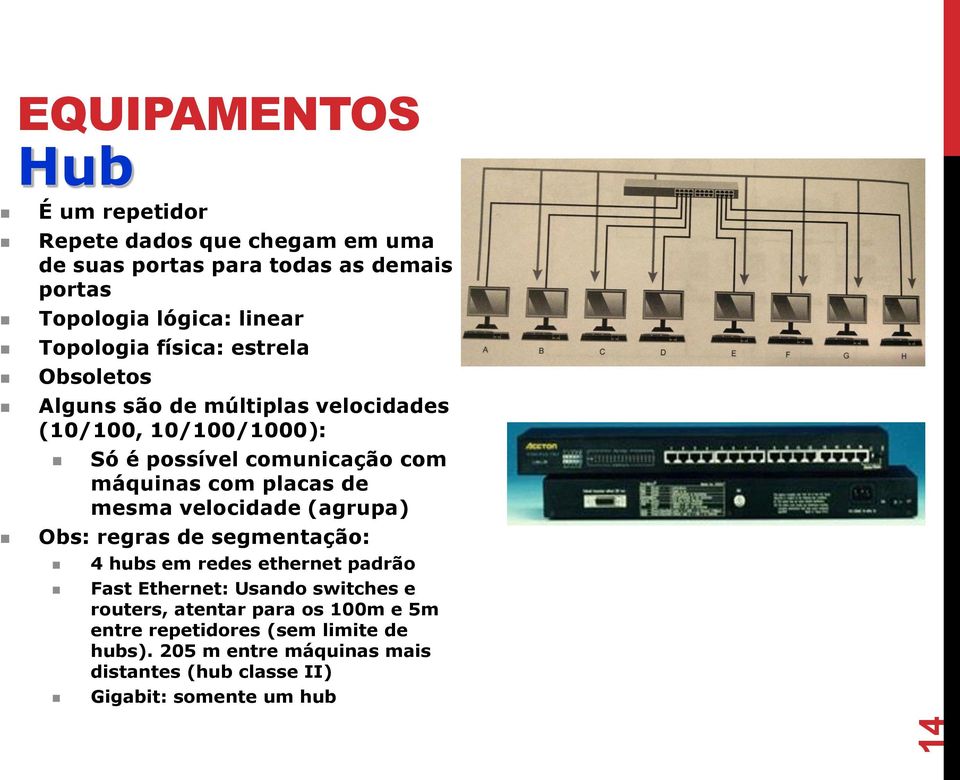 placas de mesma velocidade (agrupa) Obs: regras de segmentação: 4 hubs em redes ethernet padrão Fast Ethernet: Usando switches e routers,
