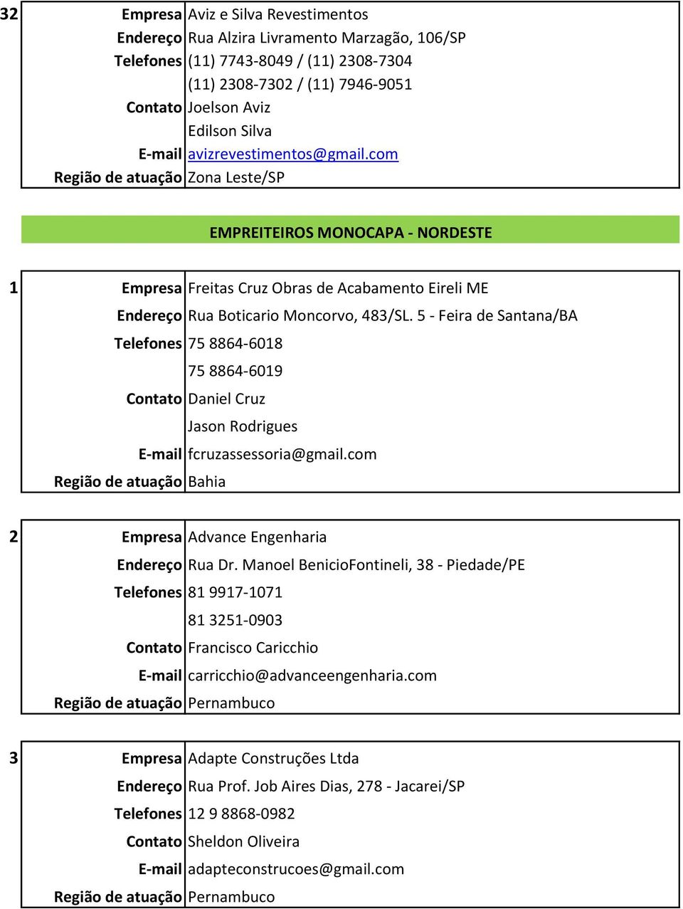 5 - Feira de Santana/BA Telefones 75 8864-6018 75 8864-6019 Contato Daniel Cruz Jason Rodrigues E-mail fcruzassessoria@gmail.com Região de atuação Bahia 2 Empresa Advance Engenharia Endereço Rua Dr.
