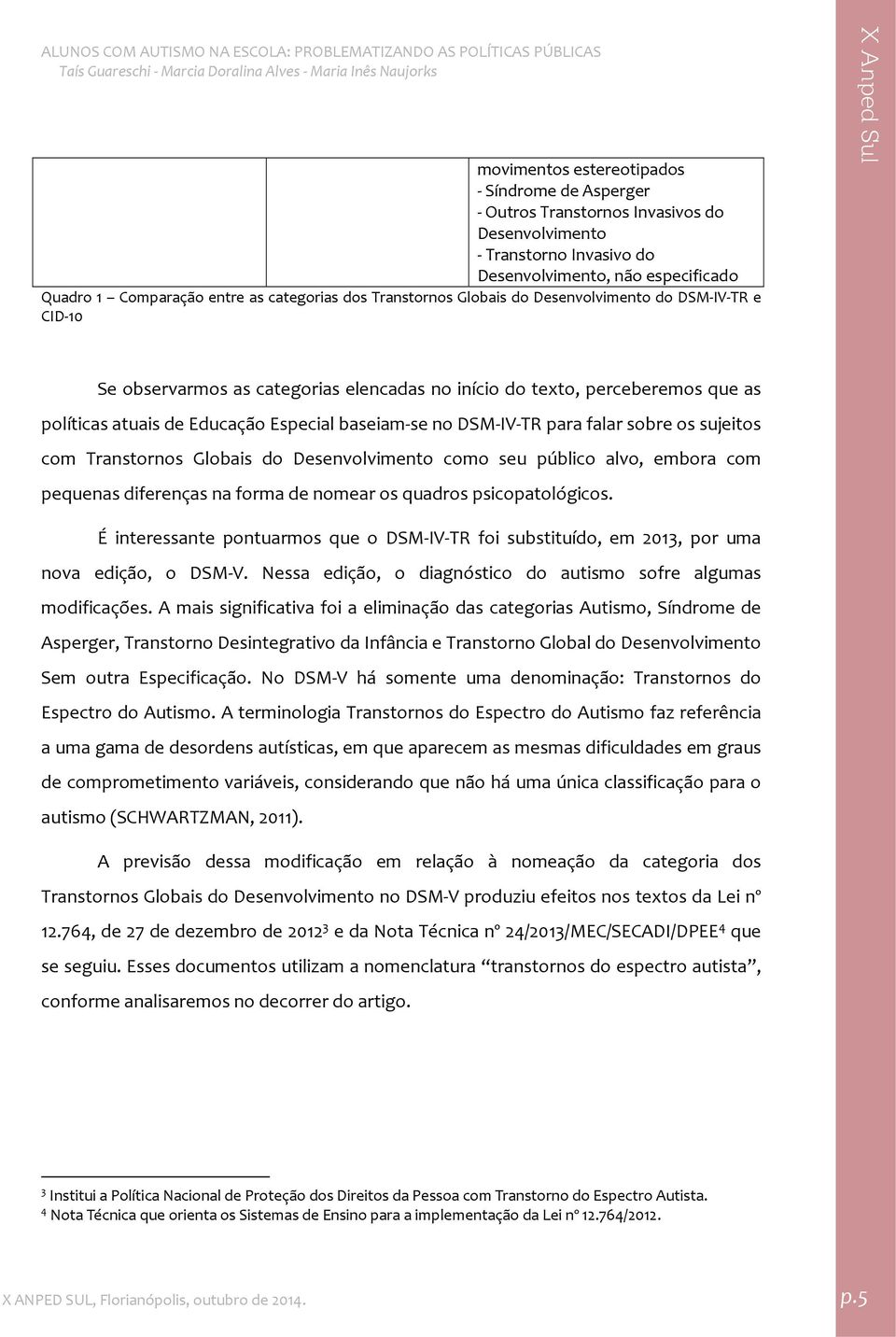 TR para falar sobre os sujeitos com Transtornos Globais do Desenvolvimento como seu público alvo, embora com pequenas diferenças na forma de nomear os quadros psicopatológicos.