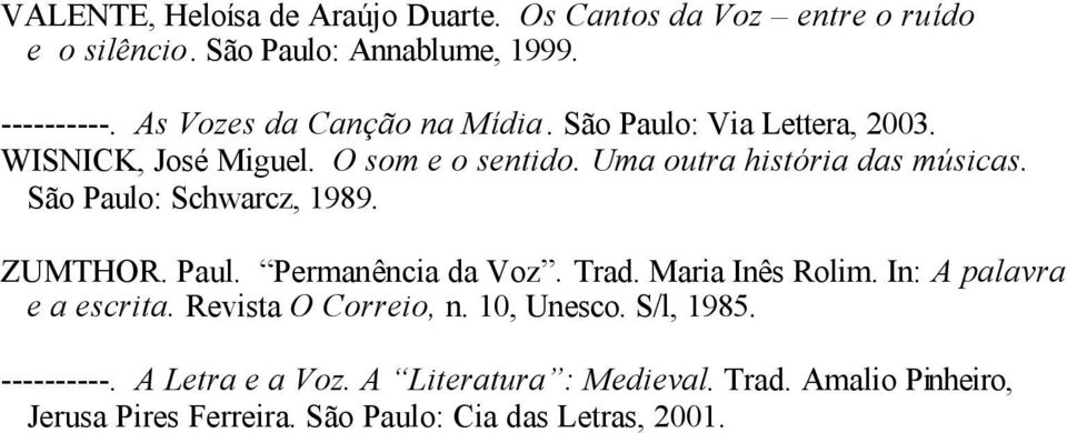 São Paulo: Schwarcz, 1989. ZUMTHOR. Paul. Permanência da Voz. Trad. Maria Inês Rolim. In: A palavra e a escrita. Revista O Correio, n.