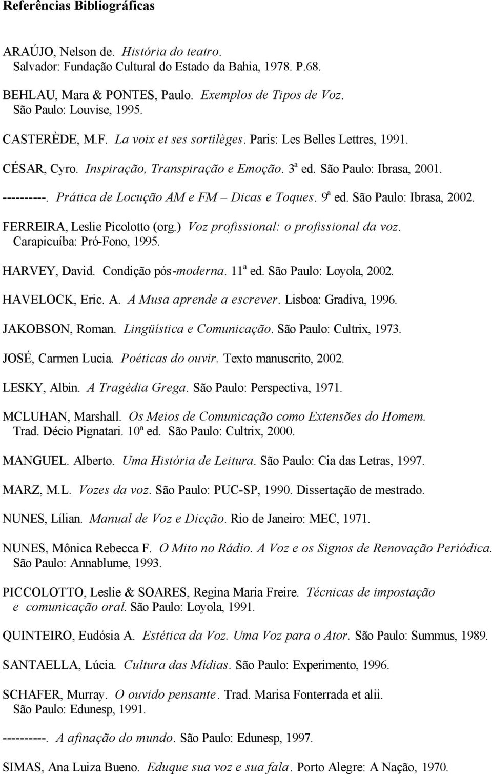 Prática de Locução AM e FM Dicas e Toques. 9 a ed. São Paulo: Ibrasa, 2002. FERREIRA, Leslie Picolotto (org.) Voz profissional: o profissional da voz. Carapicuíba: Pró-Fono, 1995. HARVEY, David.