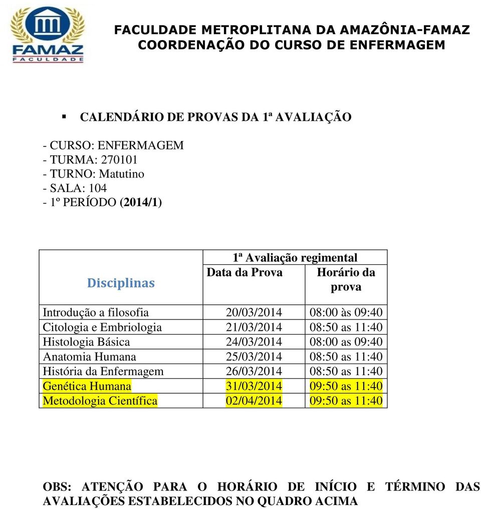 24/03/2014 08:00 as 09:40 Anatomia Humana 25/03/2014 08:50 as 11:40 História da Enfermagem 26/03/2014