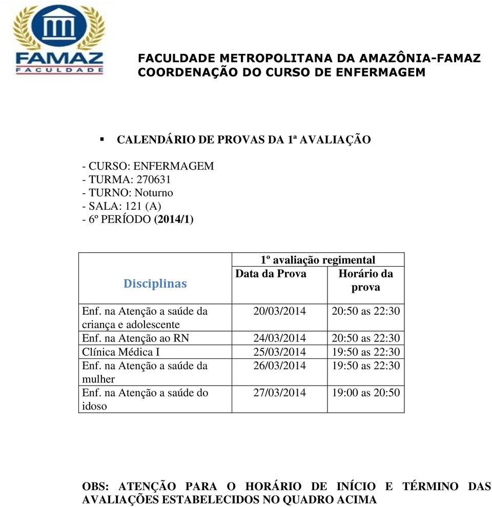 na Atenção ao RN 24/03/2014 20:50 as 22:30 Clínica Médica I 25/03/2014 19:50 as 22:30 Enf.