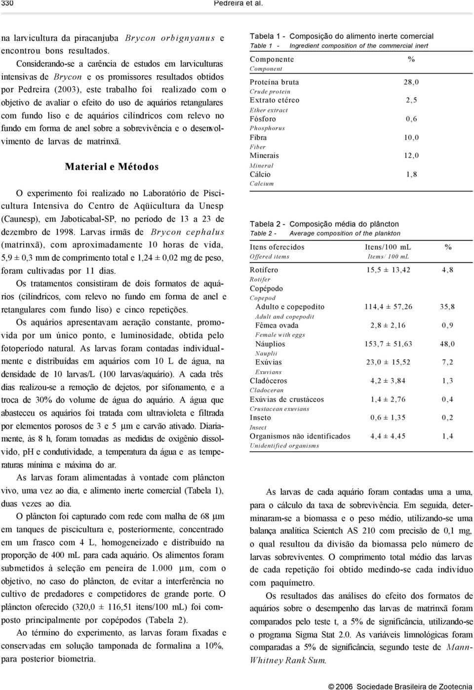 uso de aquários retangulares com fundo liso e de aquários cilíndricos com relevo no fundo em forma de anel sobre a sobrevivência e o desenvolvimento de larvas de matrinxã.