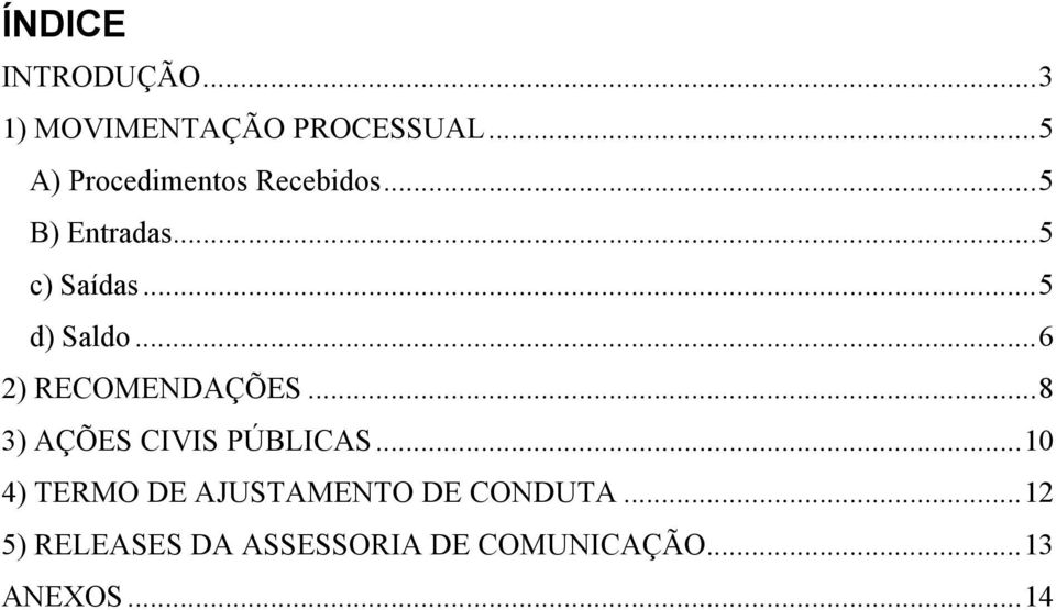 ..5 d) Saldo...6 2) RECOMENDAÇÕES...8 3) AÇÕES CIVIS PÚBLICAS.