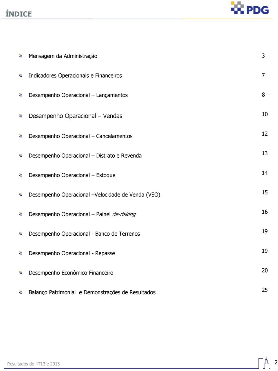 Operacional Velocidade de Venda (VSO) 15 Desempenho Operacional Painel de-risking 16 Desempenho Operacional - Banco de Terrenos 19