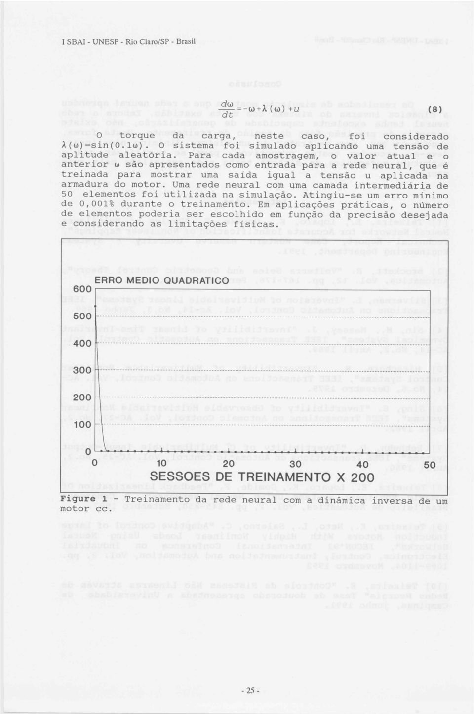 Urna rede neural com urna camada intermediária de 50 elementos foi utilizada na simulação. Atingiu-se um erro mínimo de 0,001% durante o treinamento.