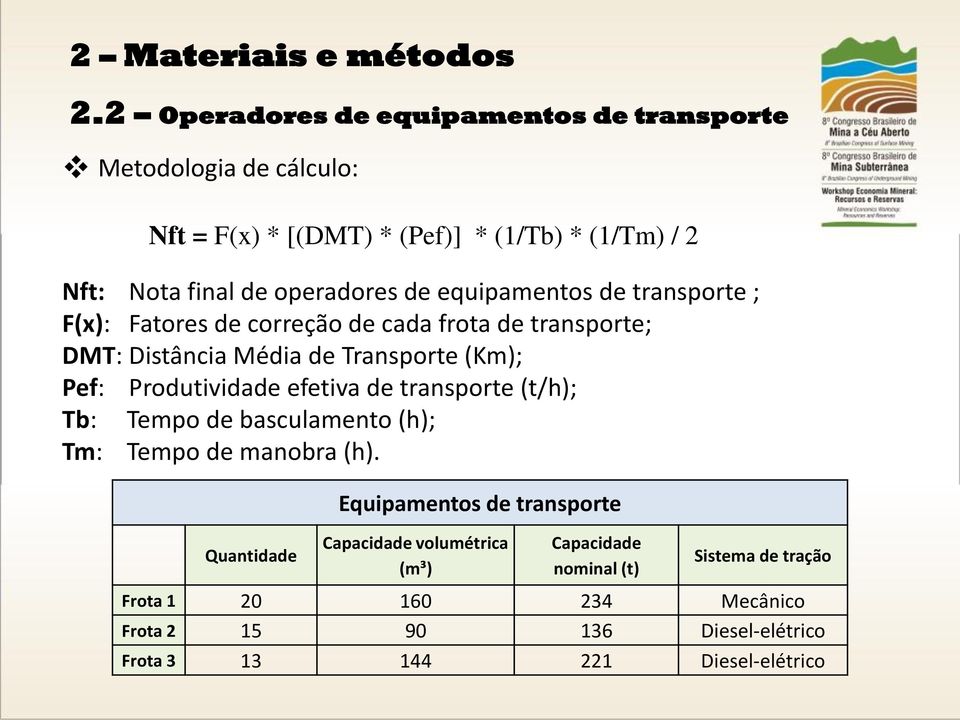 equipamentos de transporte ; F(x): Fatores de correção de cada frota de transporte; DMT: Distância Média de Transporte (Km); Pef: Produtividade efetiva