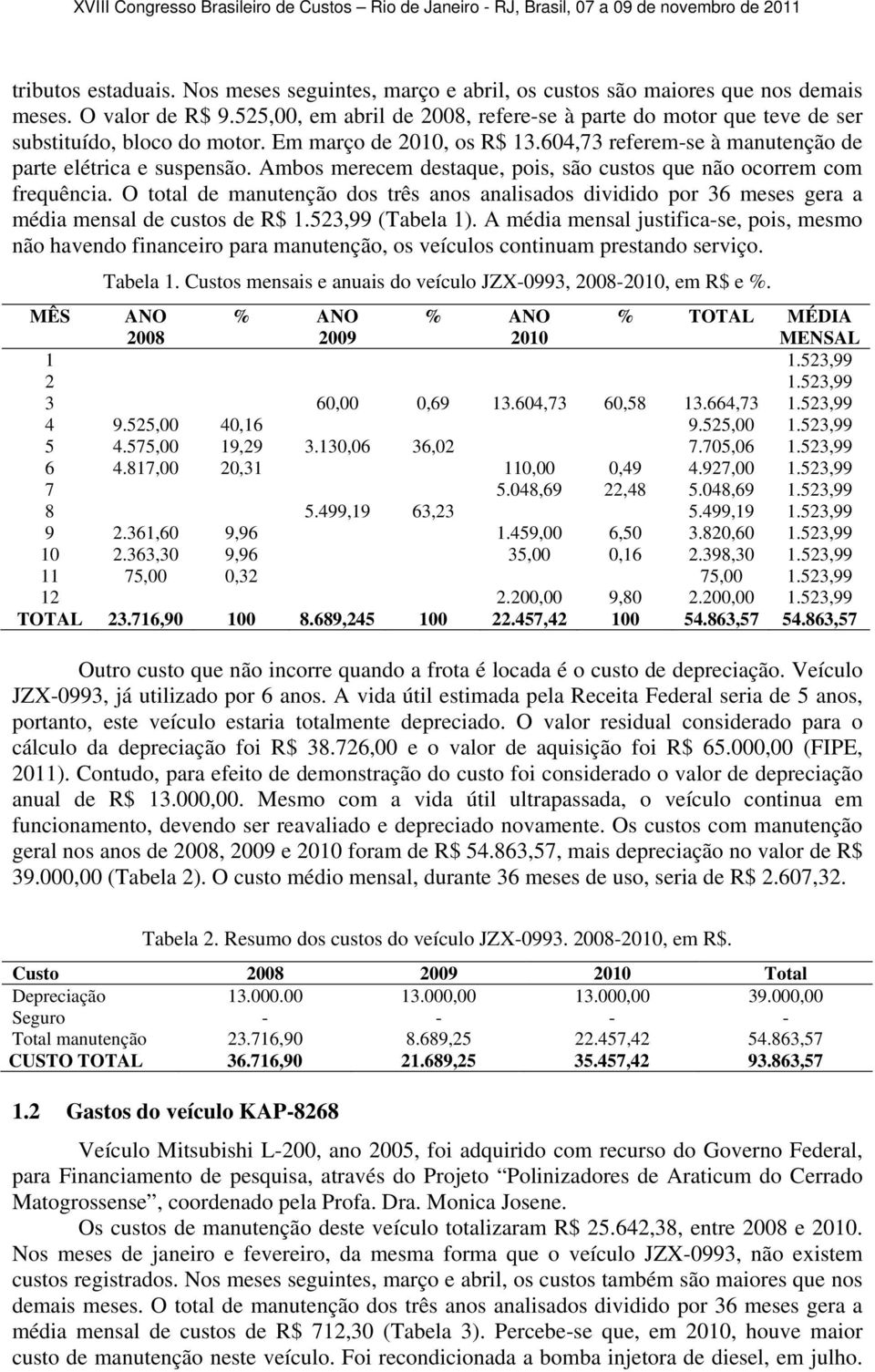 Ambos merecem destaque, pois, são custos que não ocorrem com frequência. O total de manutenção dos três anos analisados dividido por 36 meses gera a média mensal de custos de R$ 1.523,99 (Tabela 1).