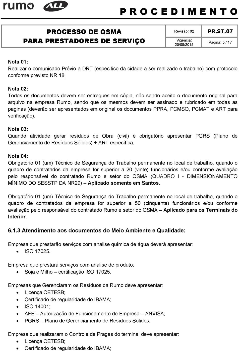 PPRA, PCMSO, PCMAT e ART para verificação). Nota 03: Quando atividade gerar resíduos de Obra (civil) é obrigatório apresentar PGRS (Plano de Gerenciamento de Resíduos Sólidos) + ART específica.