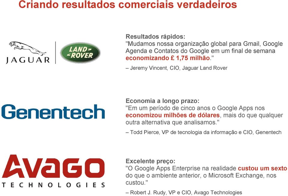 " Jeremy Vincent, CIO, Jaguar Land Rover Economia a longo prazo: "Em um período de cinco anos o Google Apps nos economizou milhões de dólares, mais do que