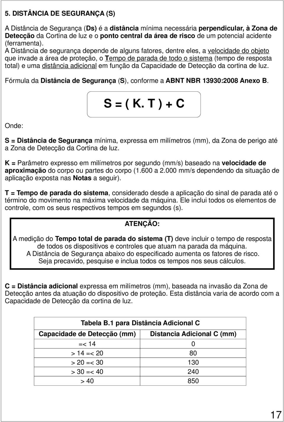 A Distância de segurança depende de alguns fatores, dentre eles, a velocidade do objeto que invade a área de proteção, o Tempo de parada de todo o sistema (tempo de resposta total) e uma distância