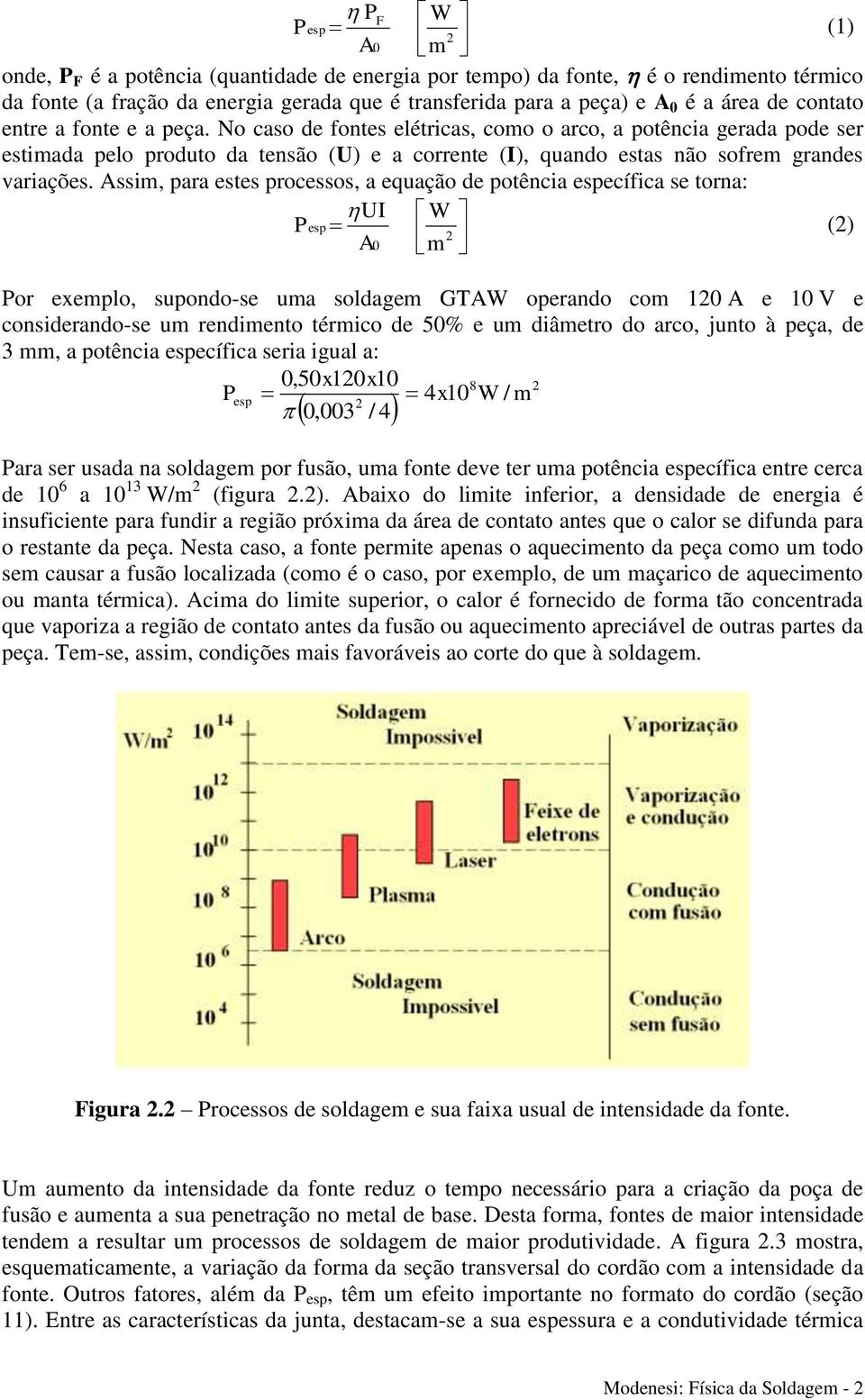 Assim, para estes processos, a equação de potência específica se torna: UI W Pesp 2 (2) A0 m Por exemplo, supondo-se uma soldagem GTAW operando com 120 A e 10 V e considerando-se um rendimento