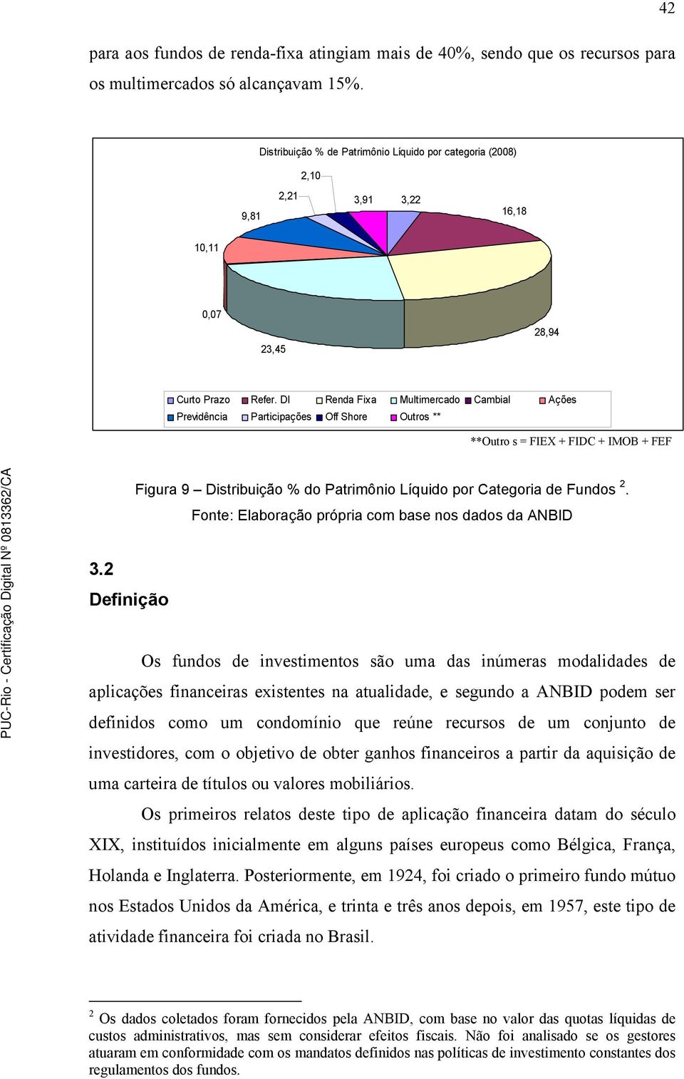 DI Renda Fixa Multimercado Cambial Ações Previdência Participações Off Shore Outros ** **Outro s = FIEX + FIDC + IMOB + FEF Figura 9 Distribuição % do Patrimônio Líquido por Categoria de Fundos 2.