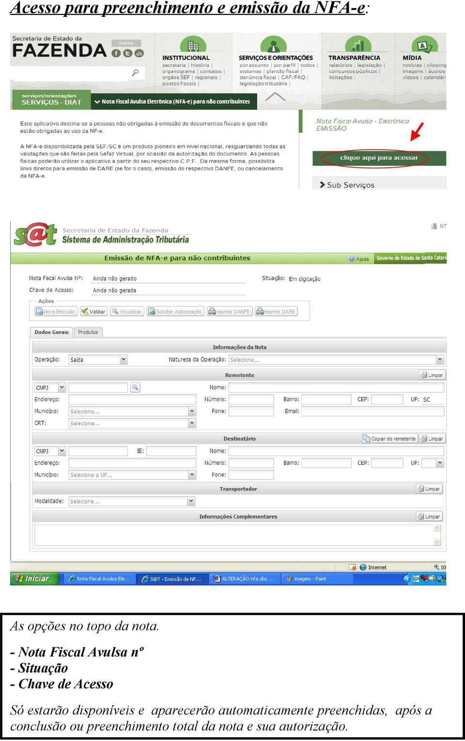 - Nota Fiscal Avulsa nº - Situação - Chave de Acesso Só estarão