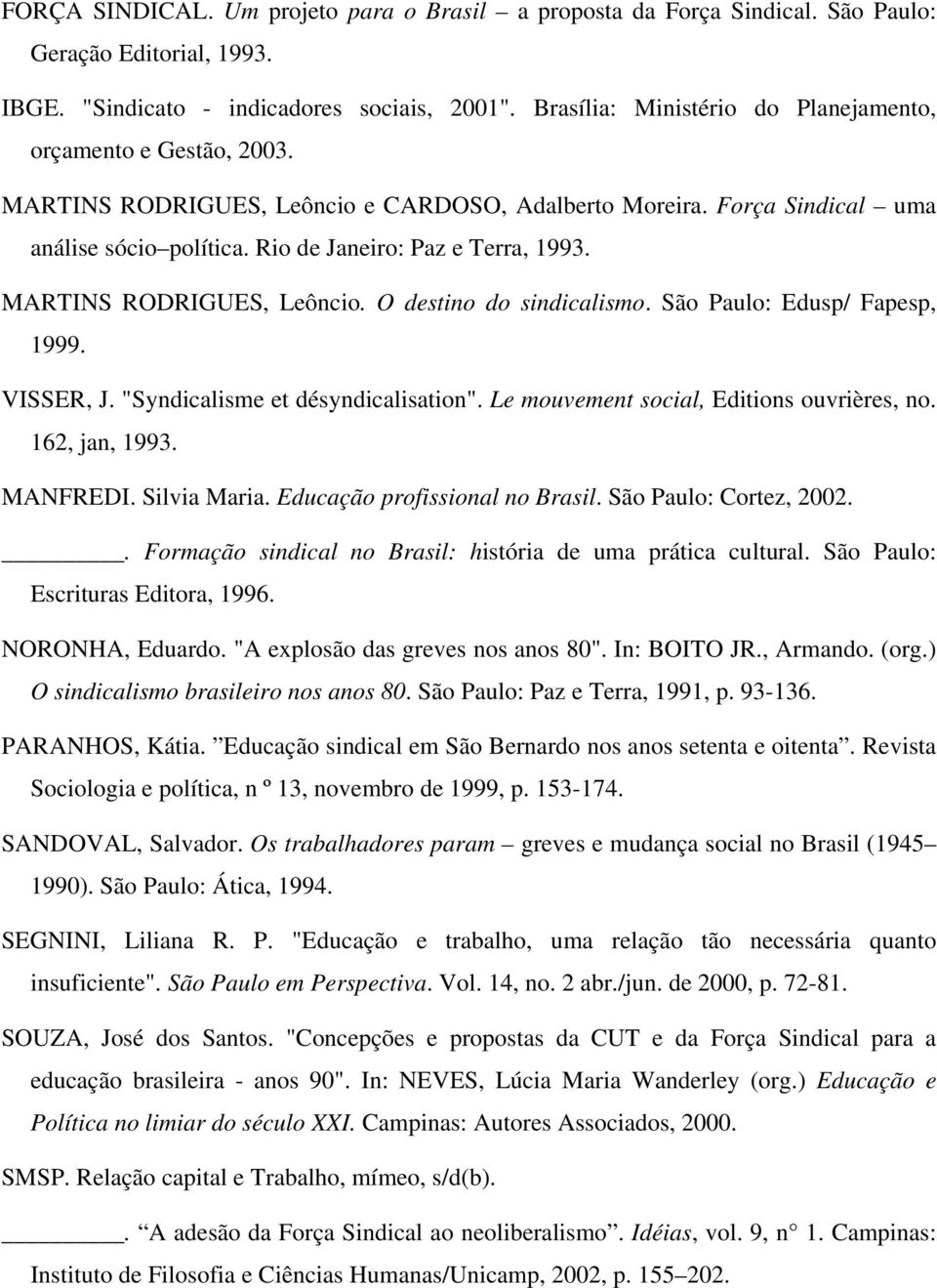 MARTINS RODRIGUES, Leôncio. O destino do sindicalismo. São Paulo: Edusp/ Fapesp, 1999. VISSER, J. "Syndicalisme et désyndicalisation". Le mouvement social, Editions ouvrières, no. 162, jan, 1993.