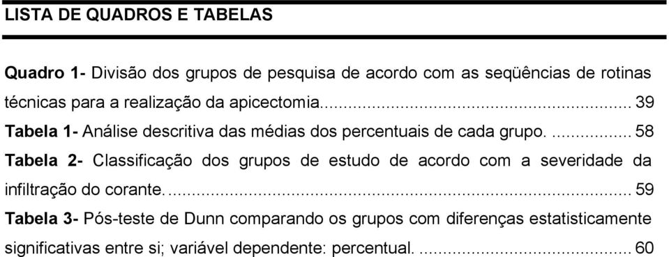 ... 58 Tabela 2- Classificação dos grupos de estudo de acordo com a severidade da infiltração do corante.