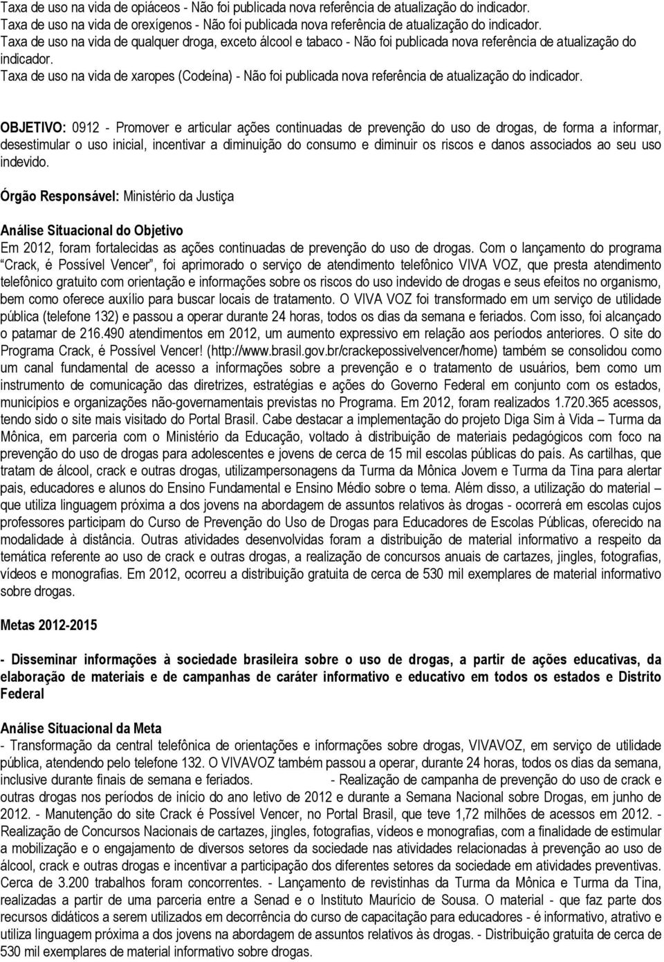 OBJETIVO: 0912 - Promover e articular ações continuadas de prevenção do uso de drogas, de forma a informar, desestimular o uso inicial, incentivar a diminuição do consumo e diminuir os riscos e danos