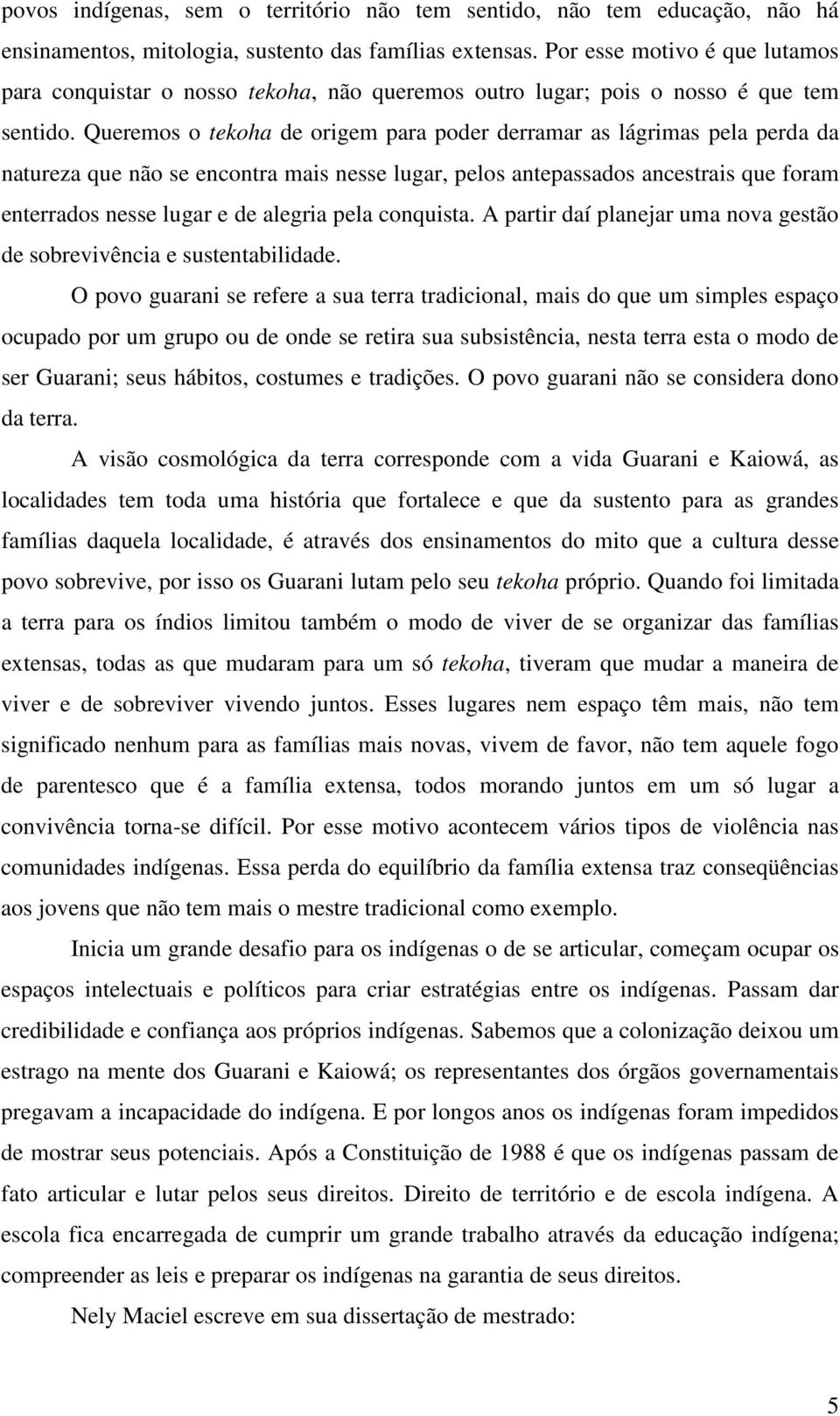 Queremos o tekoha de origem para poder derramar as lágrimas pela perda da natureza que não se encontra mais nesse lugar, pelos antepassados ancestrais que foram enterrados nesse lugar e de alegria