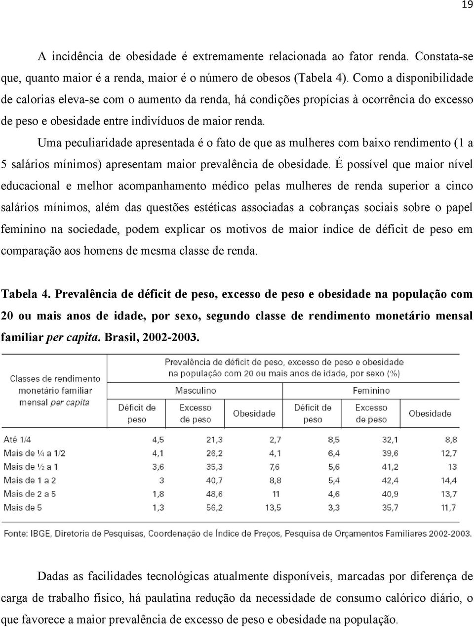 Uma peculiaridade apresentada é o fato de que as mulheres com baixo rendimento (1 a 5 salários mínimos) apresentam maior prevalência de obesidade.