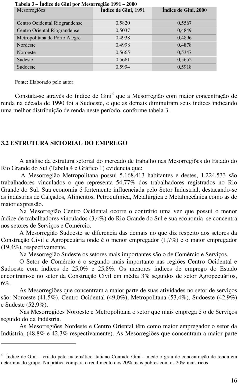 Constata-se através do índice de Gini 4 que a Mesorregião com maior concentração de renda na década de 199 foi a Sudoeste, e que as demais diminuíram seus índices indicando uma melhor distribuição de