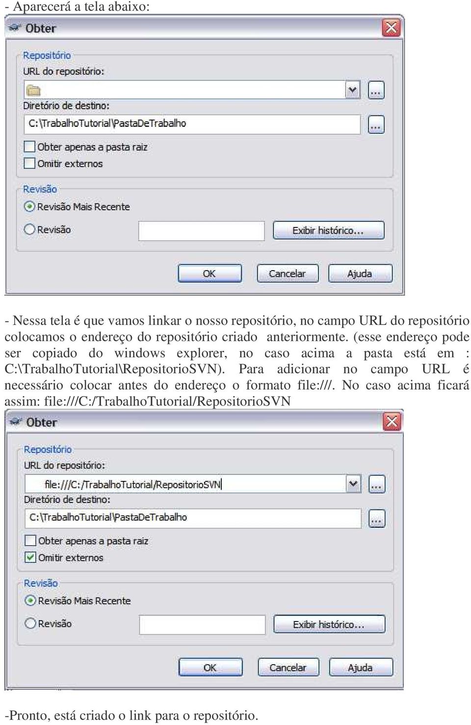 (esse endereço pode ser copiado do windows explorer, no caso acima a pasta está em : C:\TrabalhoTutorial\RepositorioSVN).