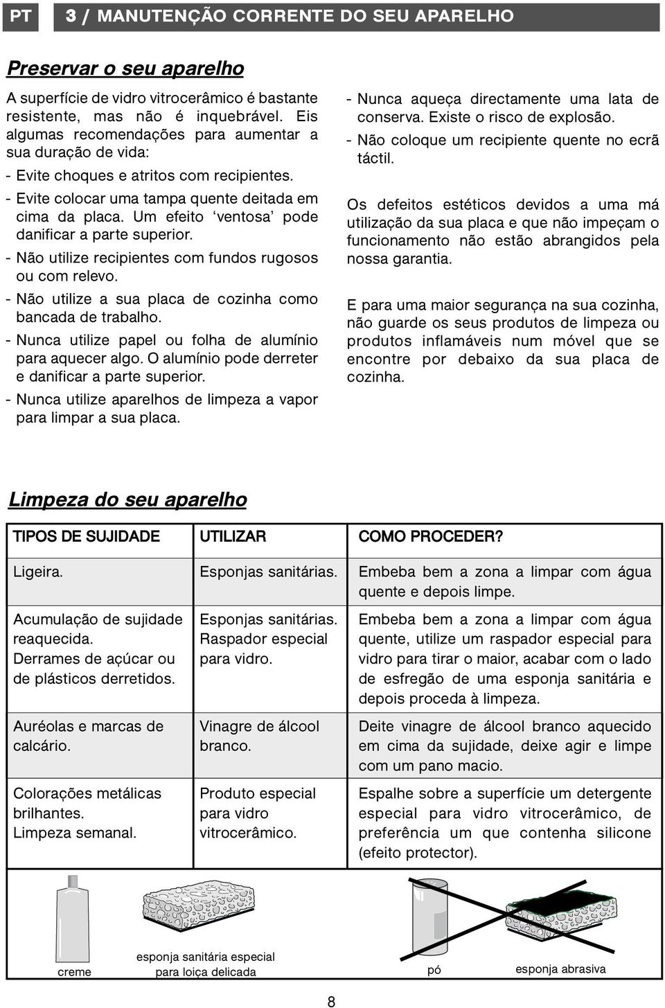 Um efeito ventosa pode danificar a parte superior. - Não utilize recipientes com fundos rugosos ou com relevo. - Não utilize a sua placa de cozinha como bancada de trabalho.