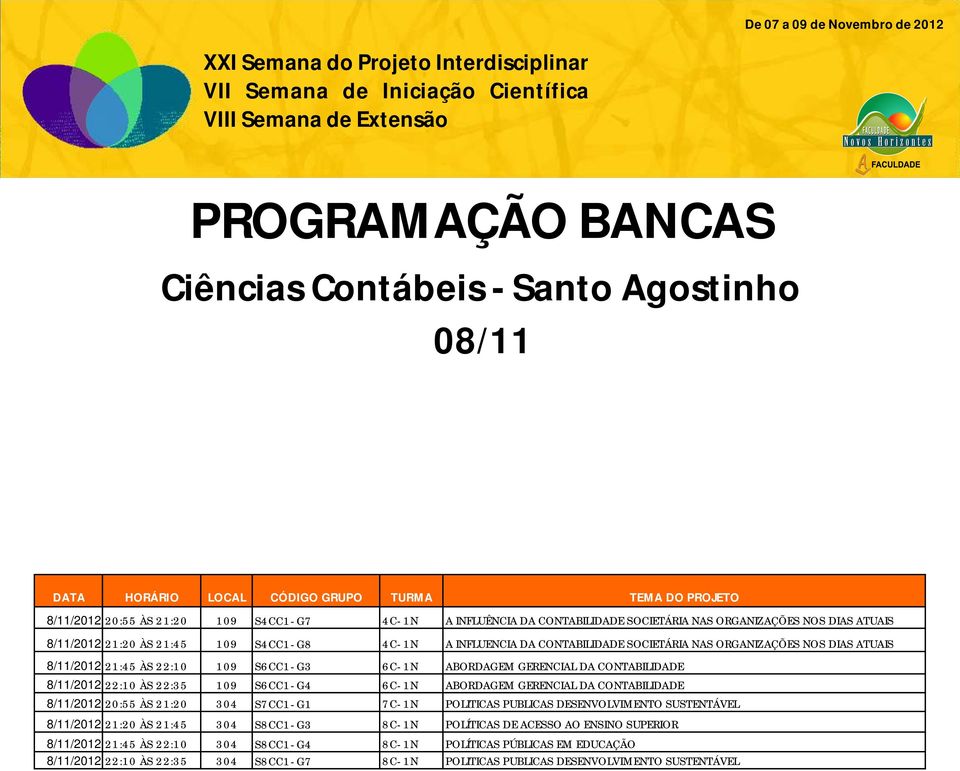 DA CONTABILIDADE 8/11/2012 22:10 ÀS 22:35 109 S6CC1-G4 6C-1N ABORDAGEM GERENCIAL DA CONTABILIDADE 8/11/2012 20:55 ÀS 21:20 304 S7CC1-G1 7C-1N POLITICAS PUBLICAS DESENVOLVIMENTO SUSTENTÁVEL 8/11/2012