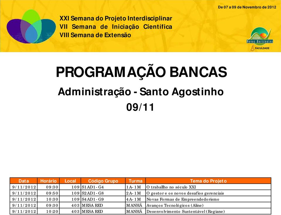 desafios gerenciais 9/11/2012 10:30 109 S4AD1-G9 4A-1M Novas Formas de Empreendedorismo 9/11/2012 09:30 403