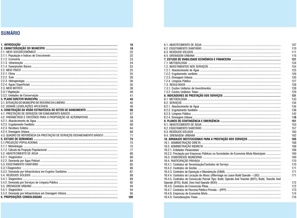 PLANO DIRETOR MUNICIPAL... 3.1. SITUAÇÃO DO MUNICÍPIO DE ROSÁRIO DA LIMEIRA... 3.2. DEMAIS LEGISLAÇÕES APLICÁVEIS... 4. CONSTRUÇÃO DA VISÃO ESTRATÉGICA DO SETOR DE SANEAMENTO... 4.1. PRESTAÇÃO DE SERVIÇOS EM SANEAMENTO BÁSICO.