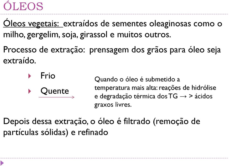 Frio Quente Quando o óleo é submetido a temperatura mais alta: reações de hidrólise e degradação