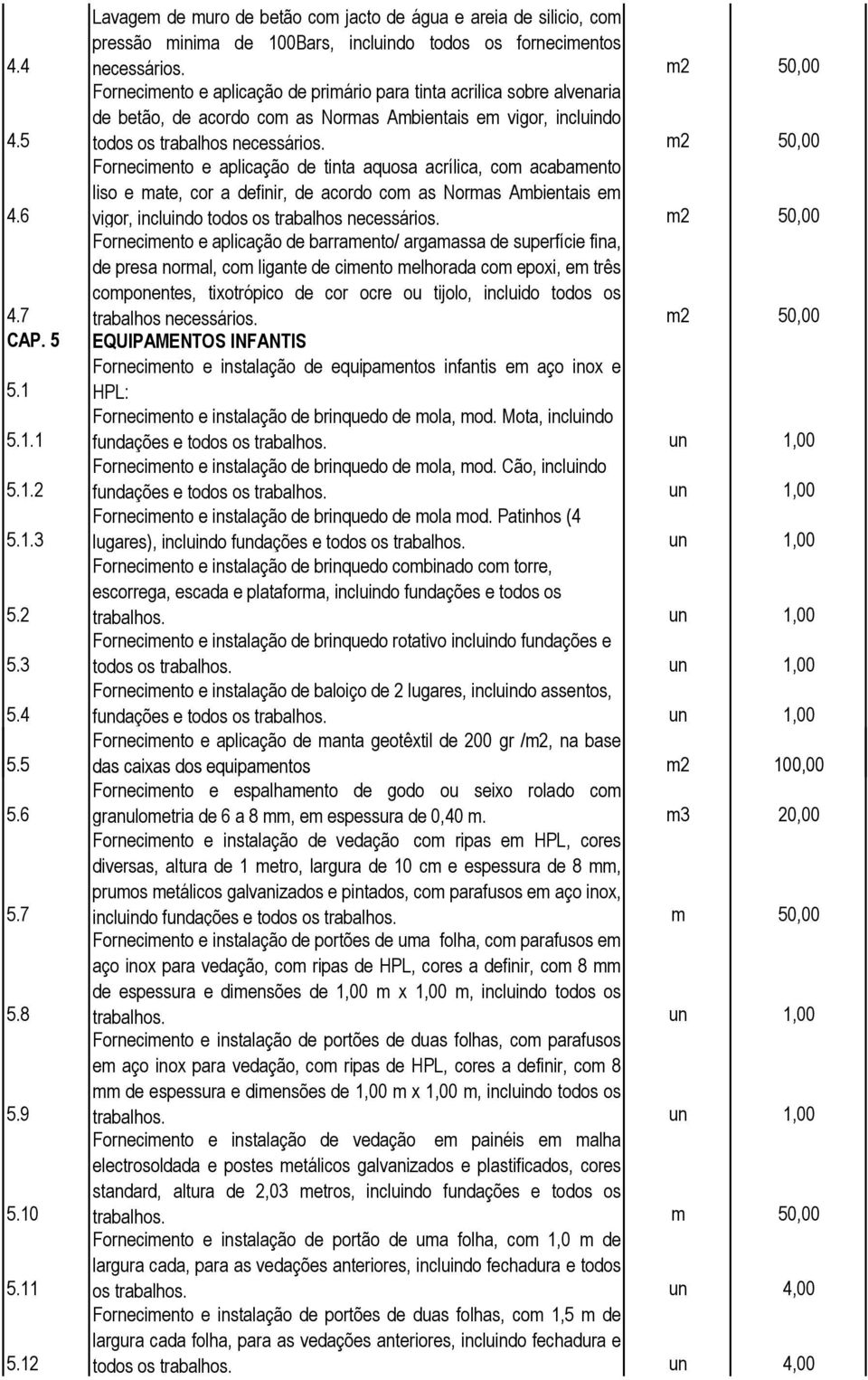 6 Fornecimento e aplicação de tinta aquosa acrílica, com acabamento liso e mate, cor a definir, de acordo com as Normas Ambientais em vigor, incluindo todos os trabalhos necessários. m2 50,00 4.