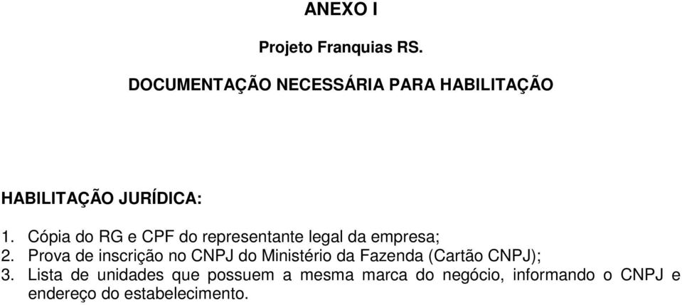 Cópia do RG e CPF do representante legal da empresa; 2.