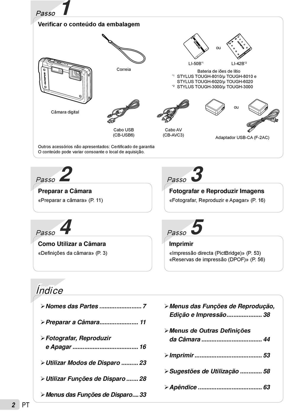 Cabo AV (CB-AVC3) Adaptador USB-CA (F-2AC) Passo 2 Preparar a Câmara «Preparar a câmara» (P. 11) Passo 4 Como Utilizar a Câmara «Definições da câmara» (P.