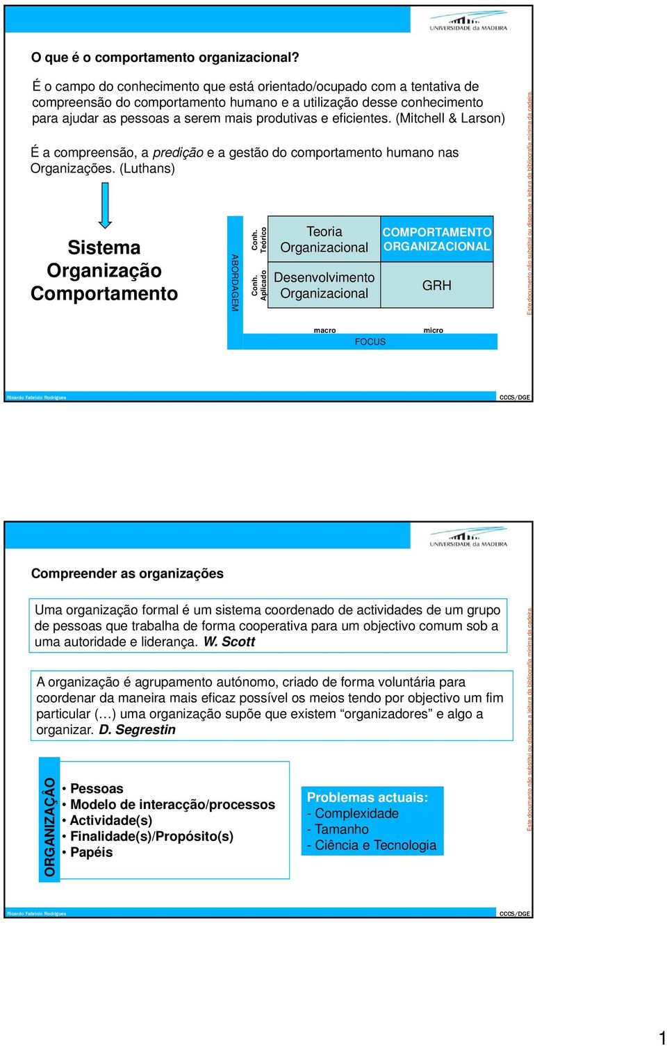 eficientes. (Mitchell & Larson) É a compreensão, a predição e a gestão do comportamento humano nas Organizações. (Luthans) Sistema Organização Comportamento ABORDAGEM Conh. Teórico Conh.