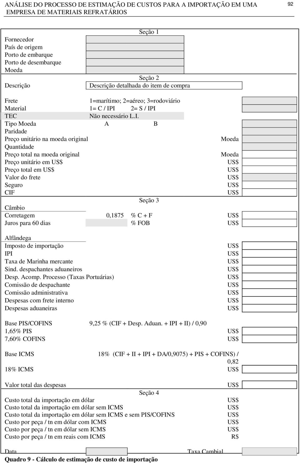 I 2= S / IPI TEC Não necessário L.I. Tipo Moeda A B Paridade Preço unitário na moeda original Moeda Quantidade Preço total na moeda original Moeda Preço unitário em Preço total em Valor do frete